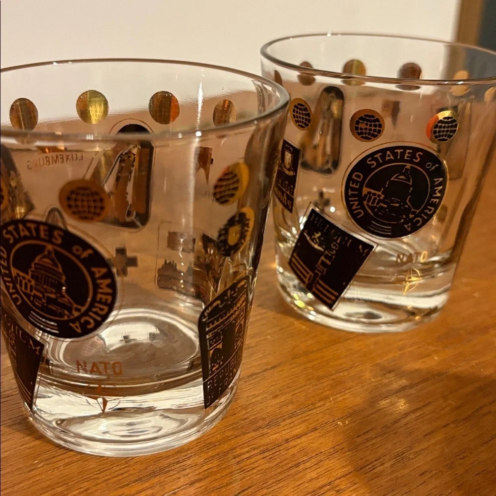 2 NATO Gold & Black Postage Stamp Design Rocks Glasses USA Italy Canada Norway